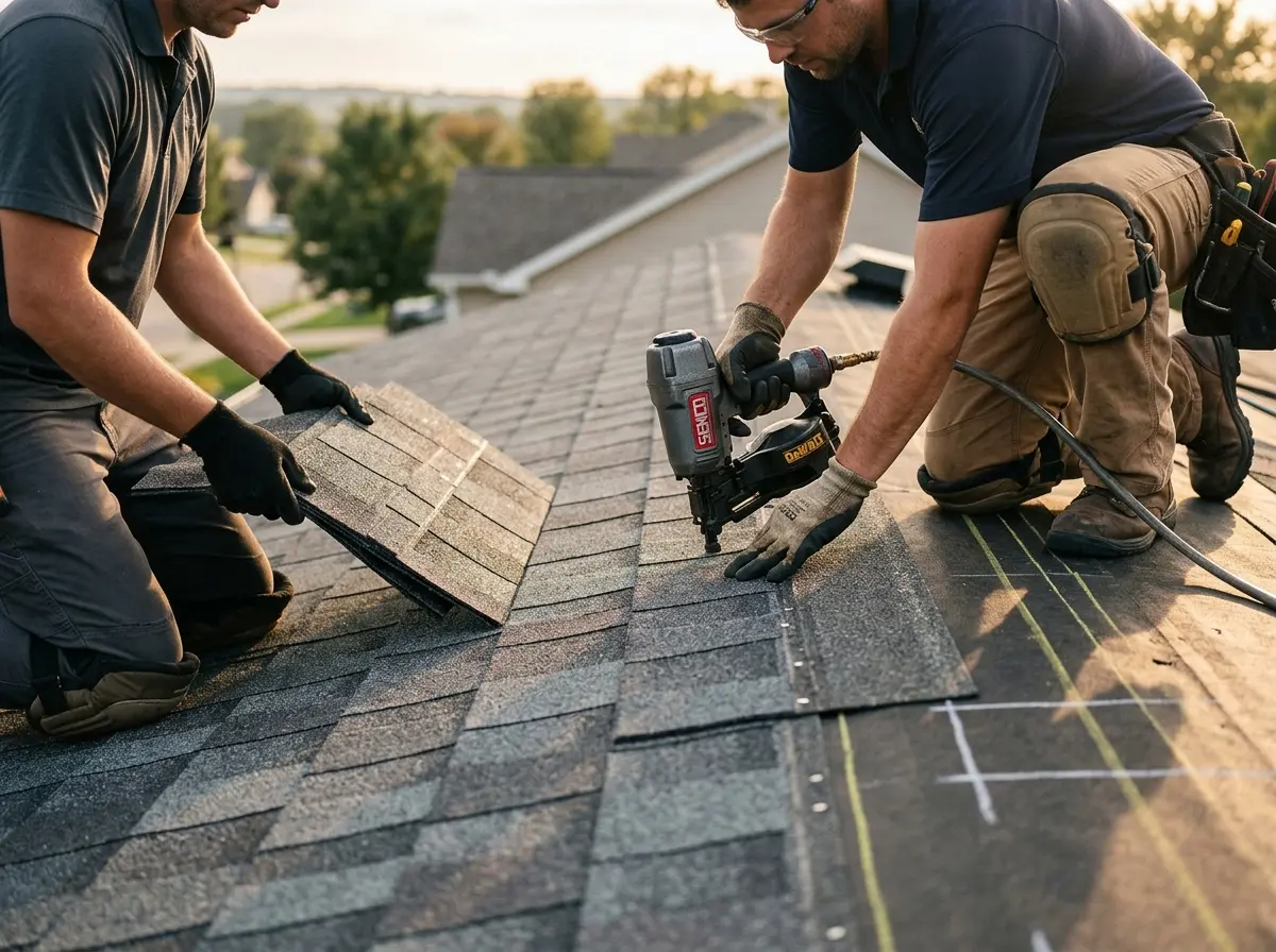 Professional roofer working on a residential roof in Storm Lake